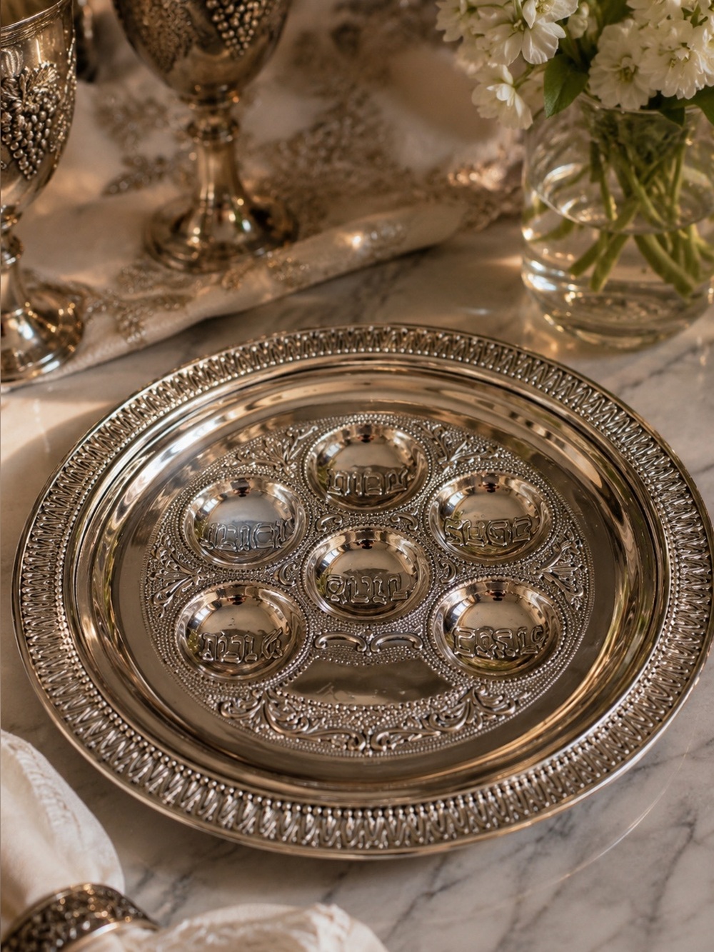Vintage MCM Original Karshi Jerusalem Silver-Plated Round Seder Plate
